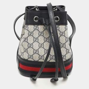 Pre Owned Gucci Blue/Beige GG Supreme Canvas and Leather Mini Ophidia Drawstring Bucket Bag