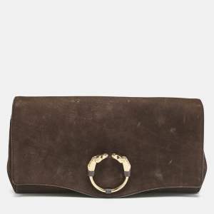 Gucci Dark Brown Nubuck Leather Ribot Horse Head Clutch