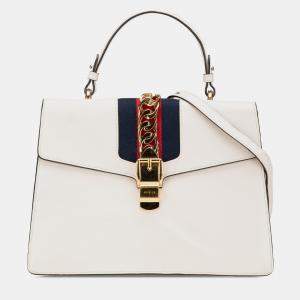 Gucci White Leather Sylvie Medium Top Handle Bag