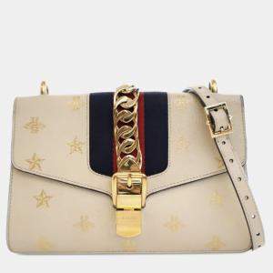 Gucci Ivory Leather Bee Star Sylvie Small Satchel Bag
