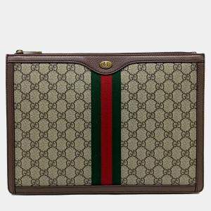 Gucci Beige Brown Canvas and Leather Supreme Portfolio Clutch