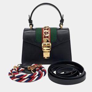 Gucci Black Leather Sylvie Mini Tote and Crossbody Bag
