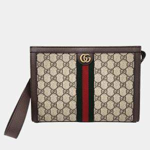 Gucci Beige Brown Canvas and Leather Ophidia GG Clutch