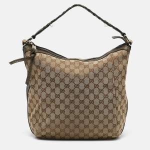 Gucci Beige/Khaki GG Canvas Bamboo Bar Hobo