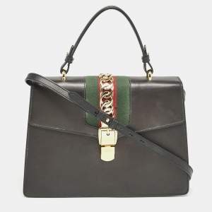 Gucci Black Leather Medium Web Sylvie Top Handle Bag