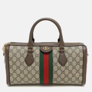Gucci Beige/Brown GG Supreme Canvas and Leather Medium Ophidia Boston Bag