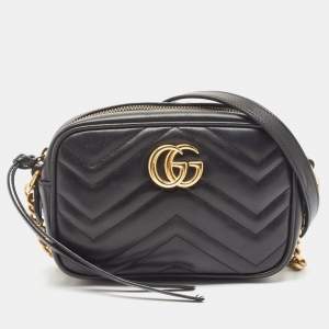 Pre Owned Gucci Black Matelassé Leather Mini GG Marmont Camera Bag