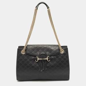 Gucci Black Guccissima Leather Large Emily Chain Shoulder Bag