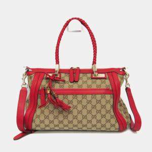 Gucci Beige and Red GG Canvas Leather Shoulder Bag