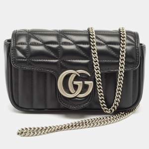 Gucci Black Matelassé Aria Leather Super Mini GG Marmont Shoulder Bag
