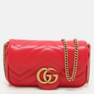 Gucci Red Matelassé Leather Super Mini GG Marmont Shoulder Bag