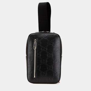 Gucci Black Jumbo GG Embossed Leather Sling Bag