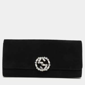 Pre Owned Gucci Black Crystal Embellished Suede Interlocking G Broadway Clutch