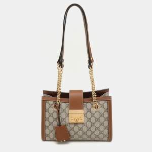 Gucci Brown/Beige GG Supreme Canvas and Leather Small Padlock Shoulder Bag