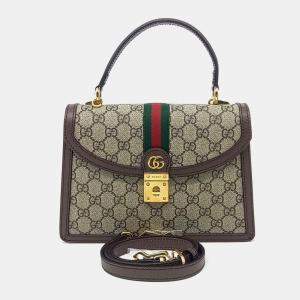 Gucci Beige Brown Coated Canvas Ophidia Top Handle Bag