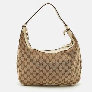 Gucci White/Beige GG Canvas and Leather Charmy Hobo 