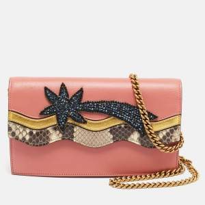 Gucci Dark Peach Leather Crystal Embellished Chain Clutch