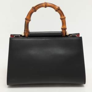 Gucci Black Leather Mini Nymphaea Bamboo Top Handle Bag