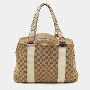 Gucci Off White/beige GG Canvas Medium Bamboo Bar Tote