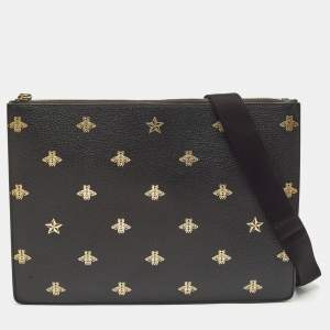 Gucci Black Leather Bee Star Messenger Bag