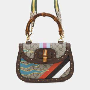 Gucci Brown Multicolor PVC Leather GG Supreme Bamboo Top Handle Bag 
