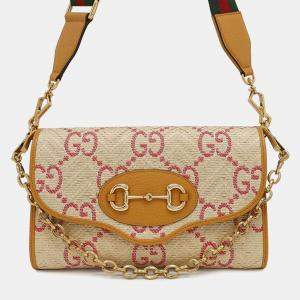 Gucci Beige Yellow Raffia Leather Horsebit Shoulder Bag