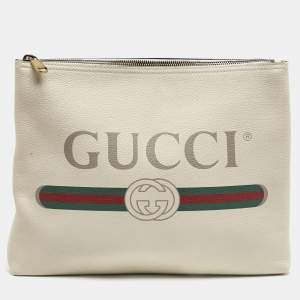 Gucci Off White Leather Logo Print Zip Pouch
