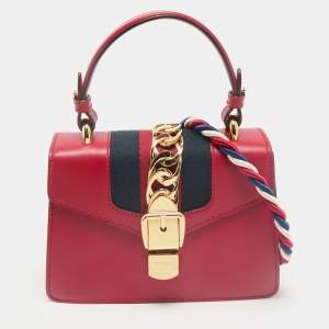 Gucci Red Leather Mini Web Sylvie Top Handle Bag