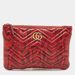 Gucci Red Matelasse Python GG Marmont Zip Pouch 