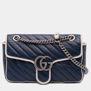 Gucci Navy Blue Small GG Marmont Leather Matelasse Torchon Flap Crossbody