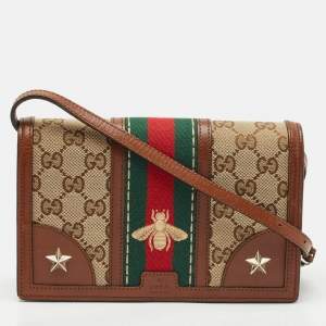 Gucci Brown/Beige Canvas and Leather Bee Web Wallet on Strap