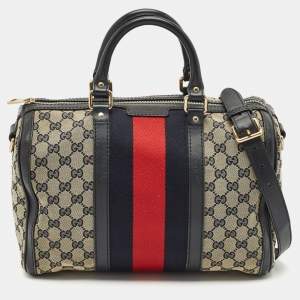 Gucci Navy Blue GG Canvas and Leather Medium Vintage Web Boston Bag