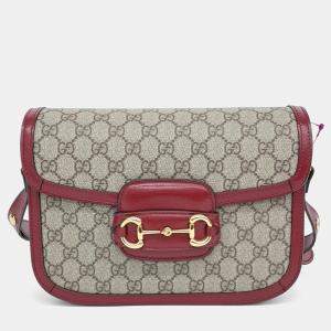 Gucci Beige Red Canvas and Leather 1955 Horsebit Shoulder Bag