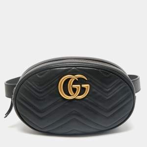 Gucci Black Matelassé Leather GG Marmont Belt Bag