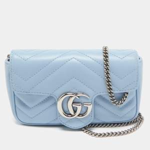 Pre Owned Gucci Light Blue Matelassé Leather Super Mini GG Marmont Shoulder Bag