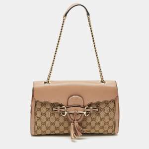 Gucci Beige GG Canvas and Leather Medium Emily Chain Shoulder Bag