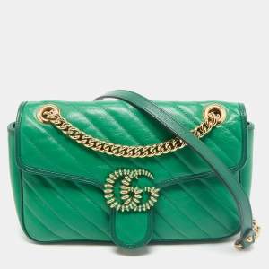 Gucci Green Diagonal Quilt Leather Small GG Marmont Torchon Shoulder Bag