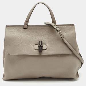 Gucci Grey Leather Large Bamboo Daily Top Handle Bag