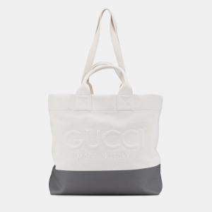 Gucci Grey/White Canvas Embossed Logo Tote