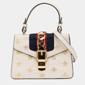 Gucci White Mini Calfskin Bee Star Sylvie Satchel