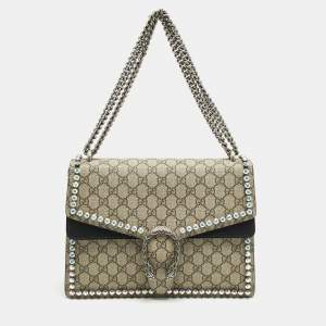 Gucci Black/Beige GG Supreme Canvas and Suede Medium Dionysus Shoulder Bag