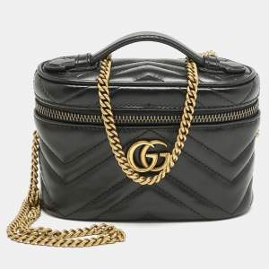 Gucci Black Matelasse Leather Mini GG Marmont Top Handle Bag