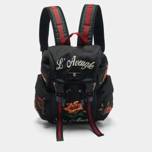 Gucci Black Nylon Web L'Aveugle Par Amour Embroidered Backpack