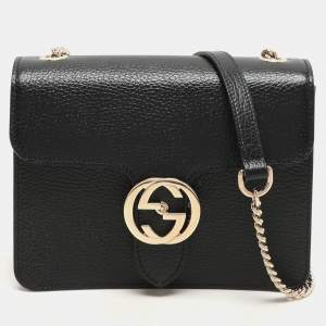 Pre Owned Gucci Black Leather Dollar Interlocking GG Shoulder Bag