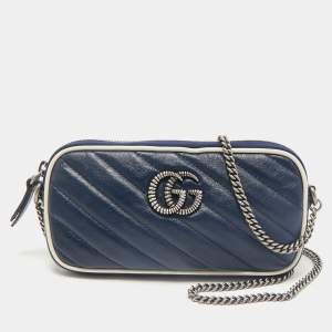 Gucci Blue Diagonal Quilt Leather Mini GG Marmont Torchon Crossbody Bag