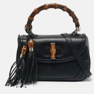 Pre Owned Gucci Black Leather Medium Tassel New Bamboo Top Handle Bag