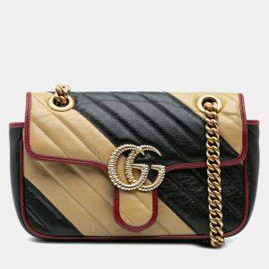 Gucci Beige/Black Mini GG Marmont Matelasse Leather Torchon Flap Crossbody