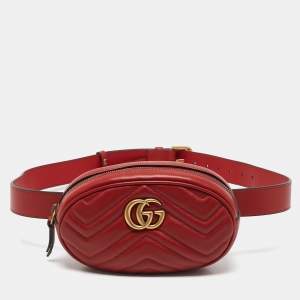 Gucci Red Matelassé Leather GG Marmont Belt Bag