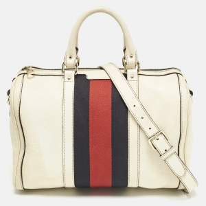 Gucci White Leather Vintage Web Medium Boston Bag