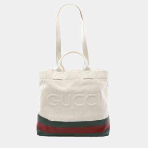 Gucci White Canvas Web Embossed Logo Tote